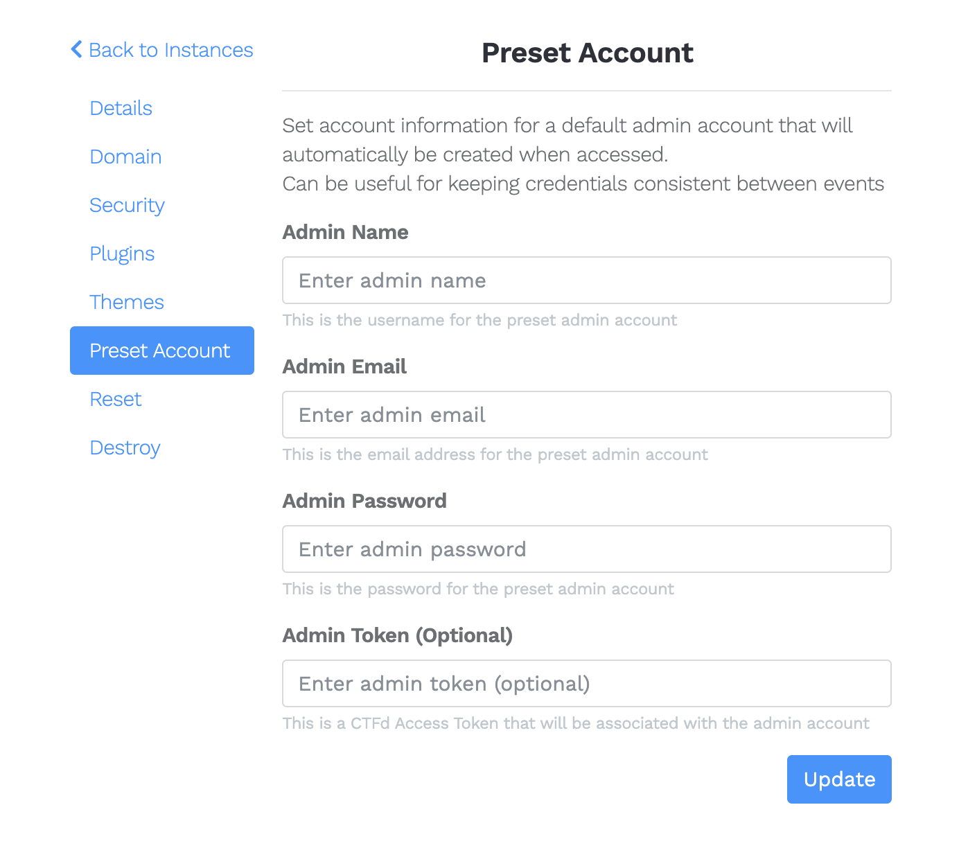 Preset Admin Accounts Screen